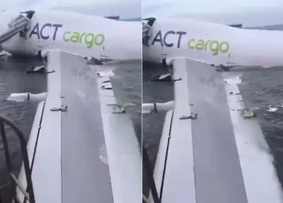 Avião cargueiro sai da pista, cai no mar e mata 2 pessoas
