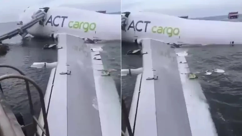 Avião cargueiro sai da pista, cai no mar e mata 2 pessoas