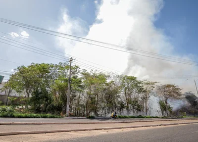 Cortina de fumaça causada por incêndio em vegetação na Avenida Joaquim Nelson