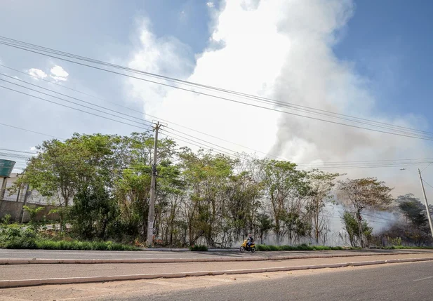 Cortina de fumaça causada por incêndio em vegetação na Avenida Joaquim Nelson