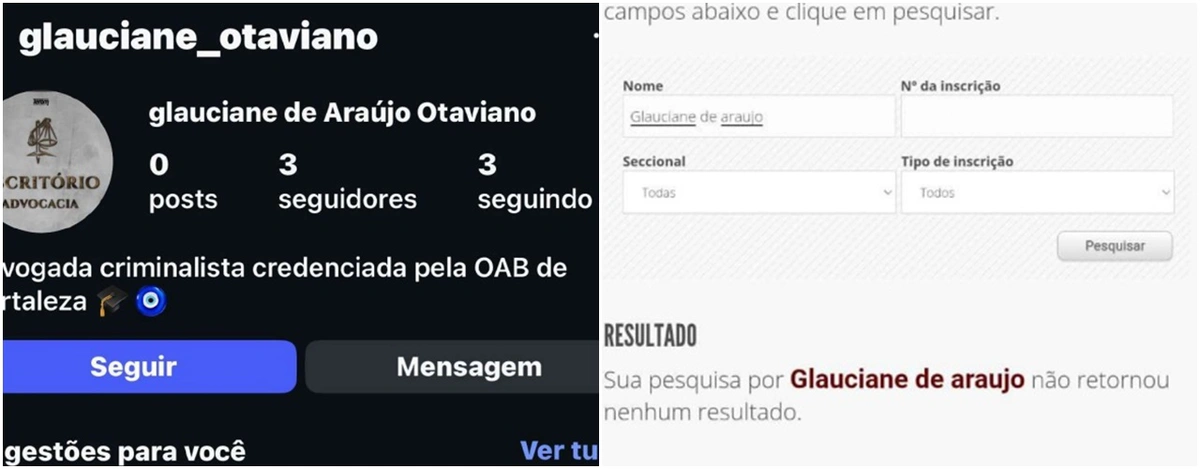 Instagram criado por Glauciane ao se passar por advogada