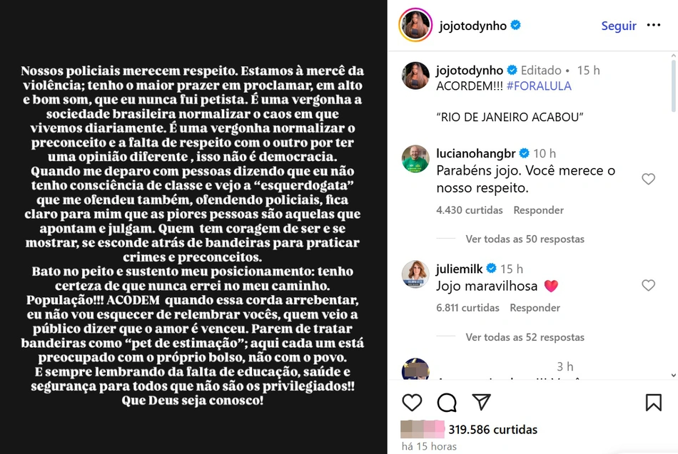 Jojo Todynho pede “Fora Lula” ao falar da violência no Rio de Janeiro