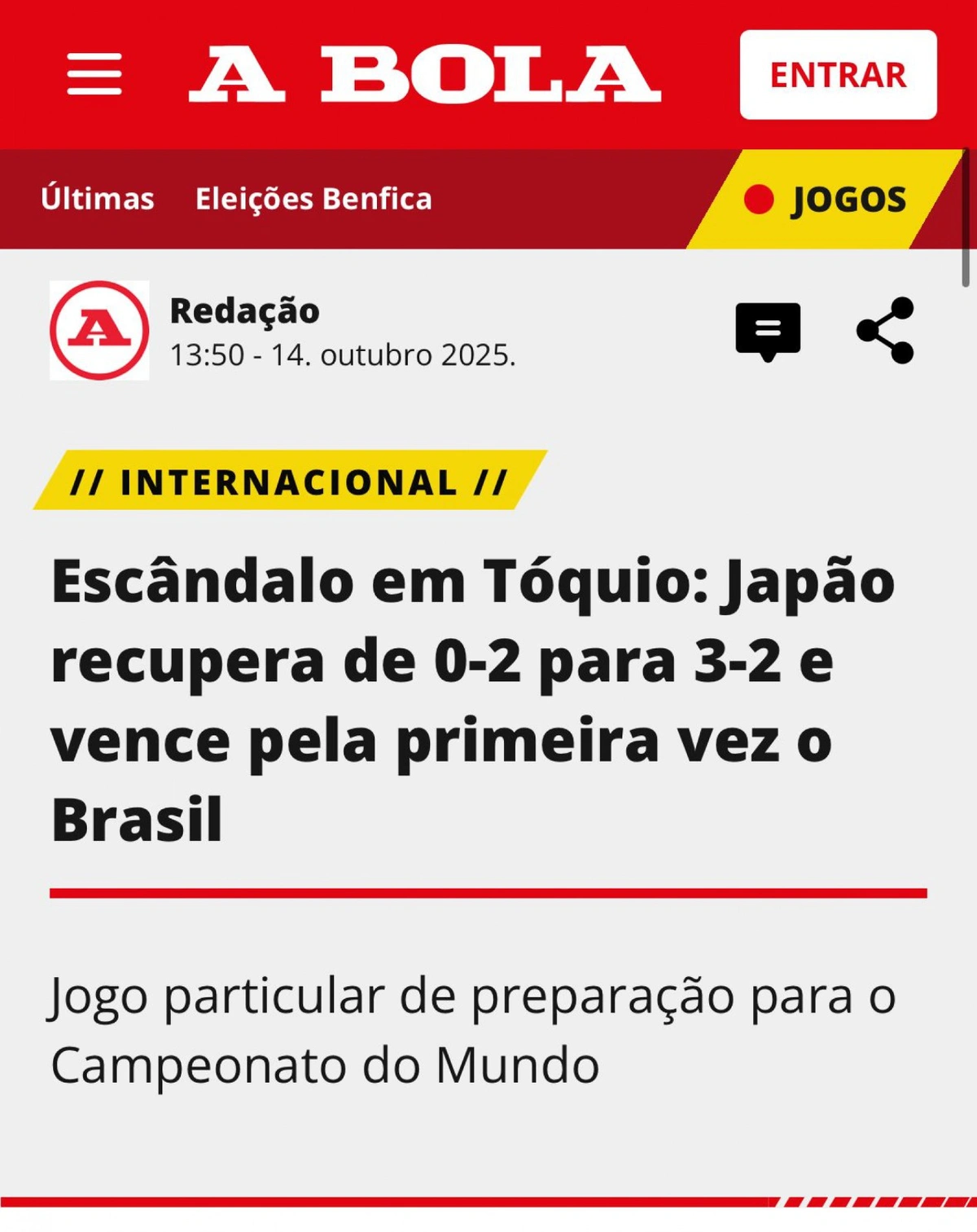 Jornal A Bola sobre derrota do Brasil para o Japão