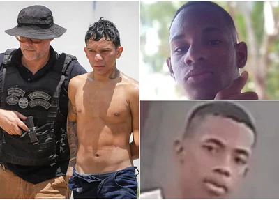 Kauã sendo conduzido por policiais do DHPP de Timon e ao lado montagem com Victor Bruno e Welisson Ferreira