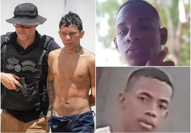 Kauã sendo conduzido por policiais do DHPP de Timon e ao lado montagem com Victor Bruno e Welisson Ferreira