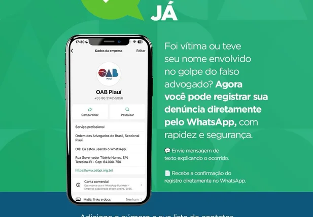 OAB-PI e SSP-PI lançam canal no WhatsApp para denunciar golpe do falso advogado