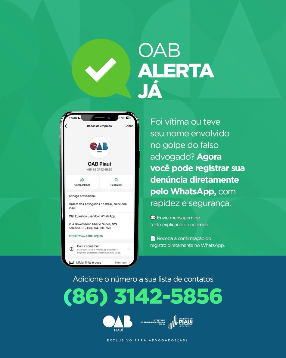 OAB-PI e SSP-PI lançam canal no WhatsApp para denunciar golpe do falso advogado
