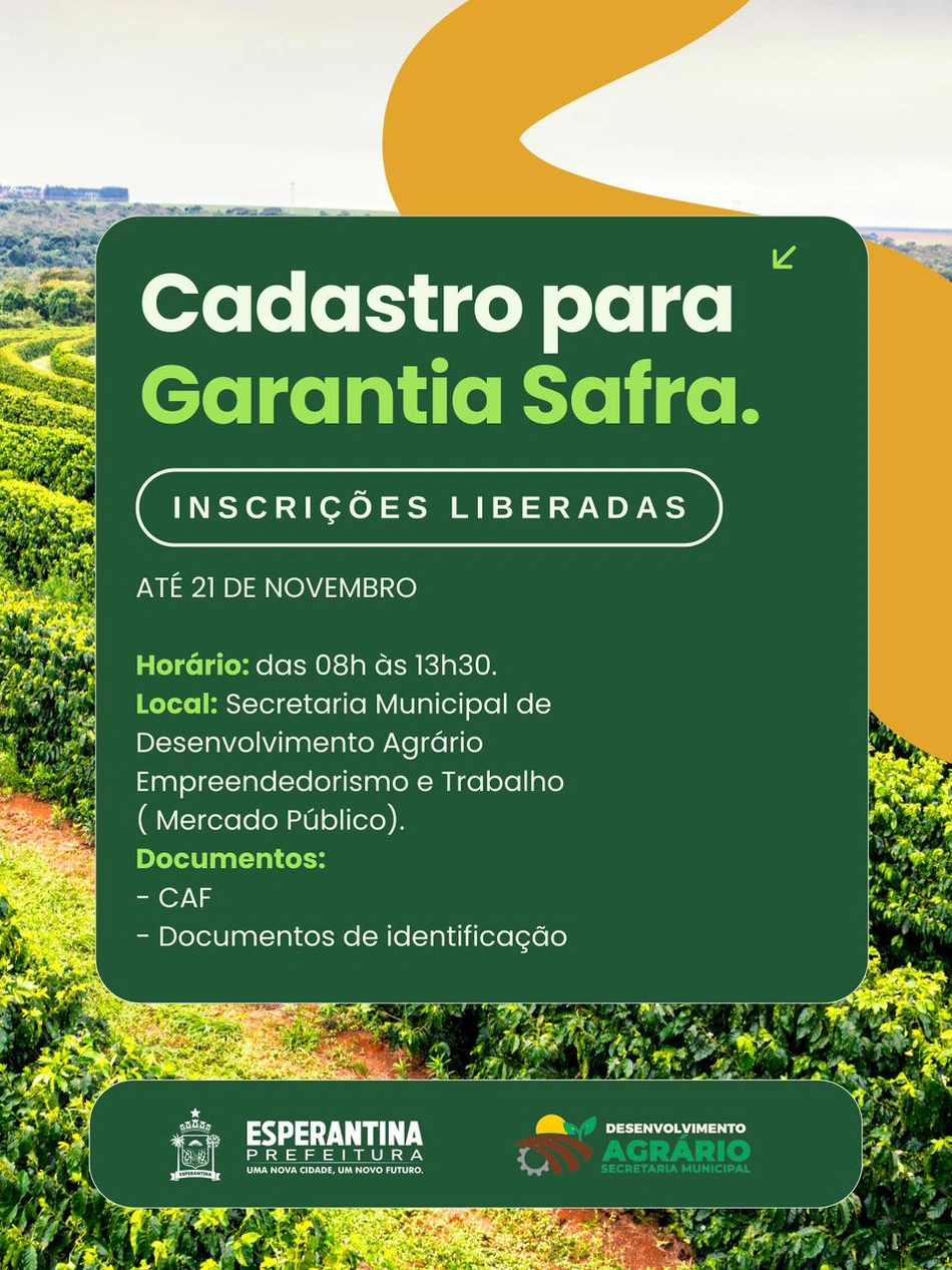 Prefeitura de Esperantina abre inscrições para o Garantia-Safra 2025
