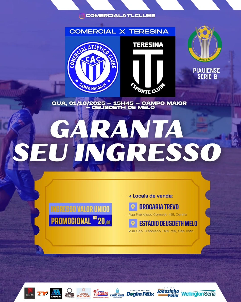 Valor e pontos de vendas do jogo entre Comercial e Teresina no Piauiense