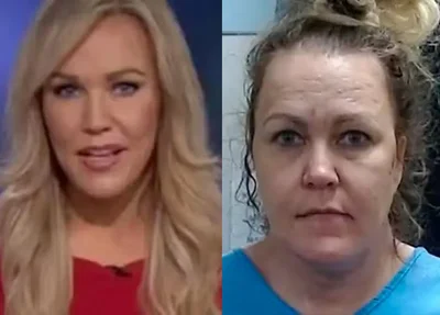 Angelynn Angie Mock quando era apresentadora e atualmente após ter sido presa