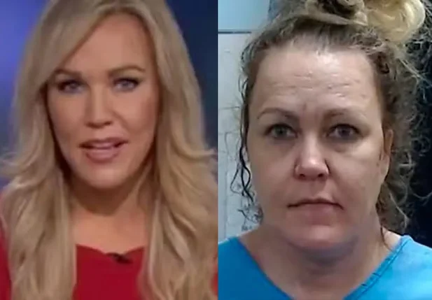 Angelynn Angie Mock quando era apresentadora e atualmente após ter sido presa
