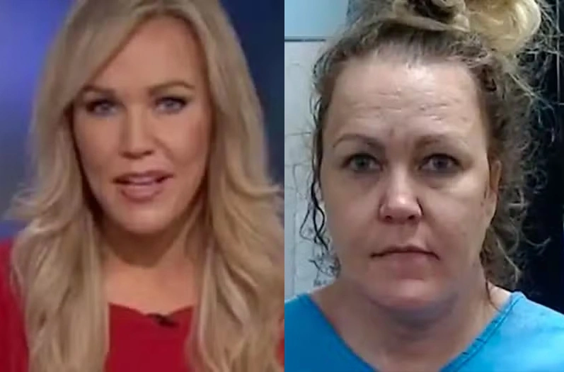 Angelynn Angie Mock quando era apresentadora e atualmente após ter sido presa
