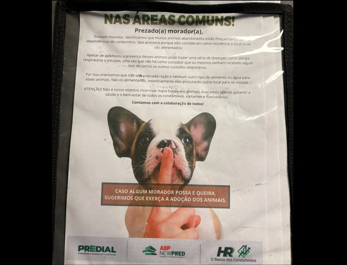 Aviso em condomínio para moradores não alimentarem animais abandonados