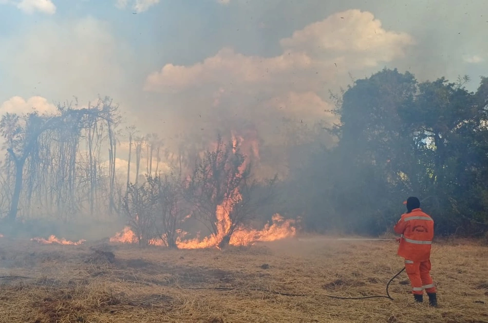 Bombeiro controlando o incêndio