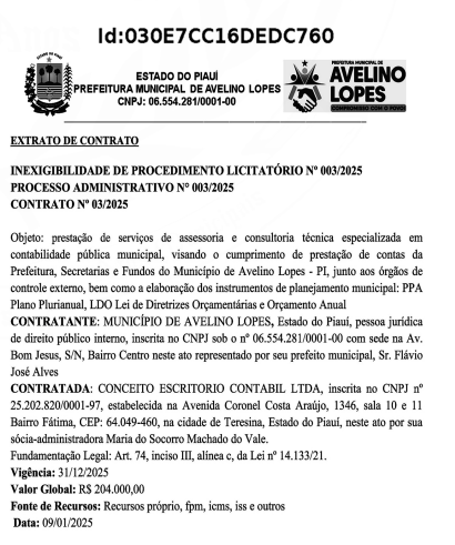 Contrato feito sem licitação pela prefeitura de Avelino Lopes