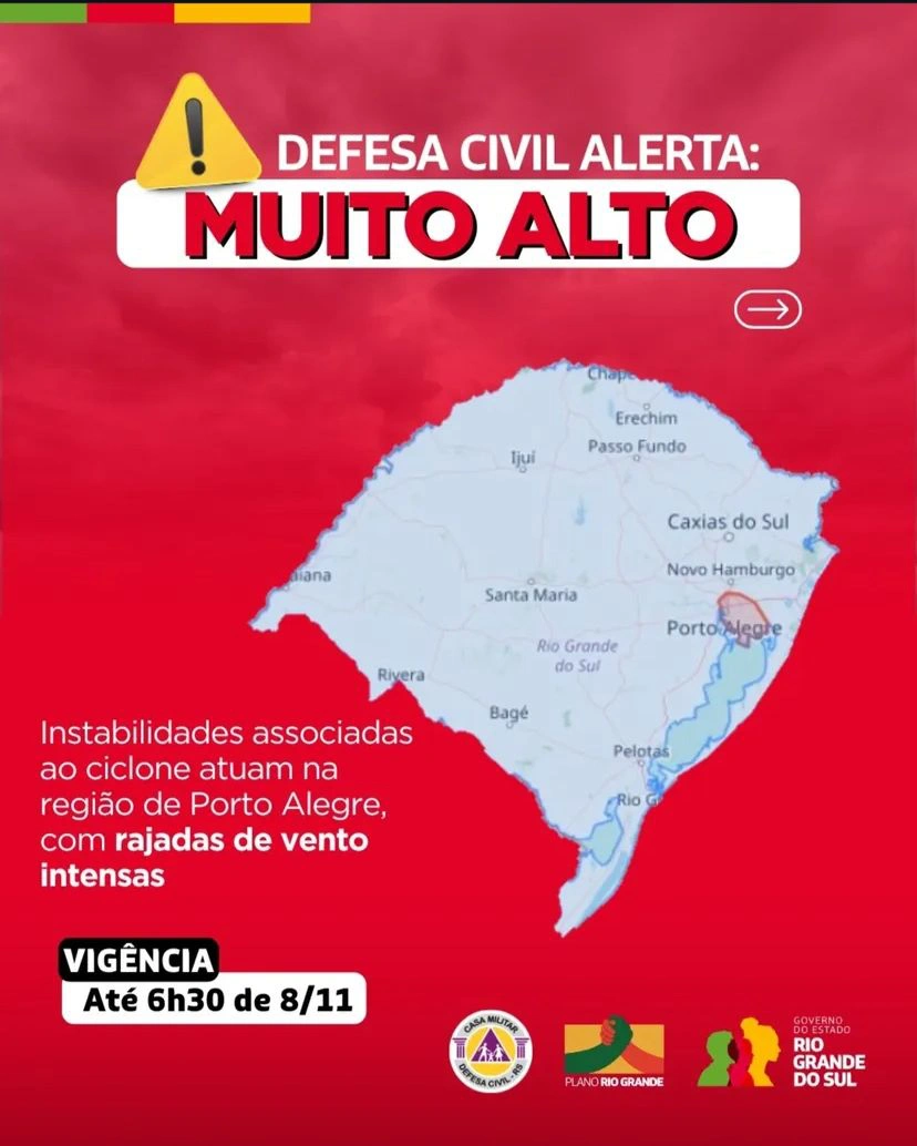 Defesa Civil faz alerta a ciclone em Porto Alegre