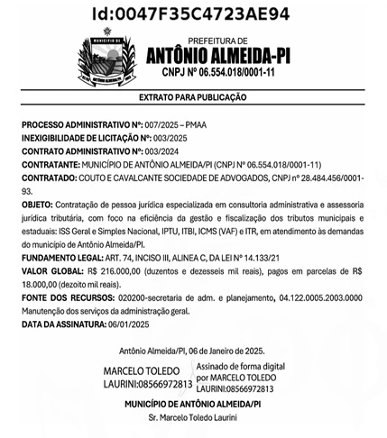 Extrato do contrato celebrado pela Prefeitura de Antônio Almeida