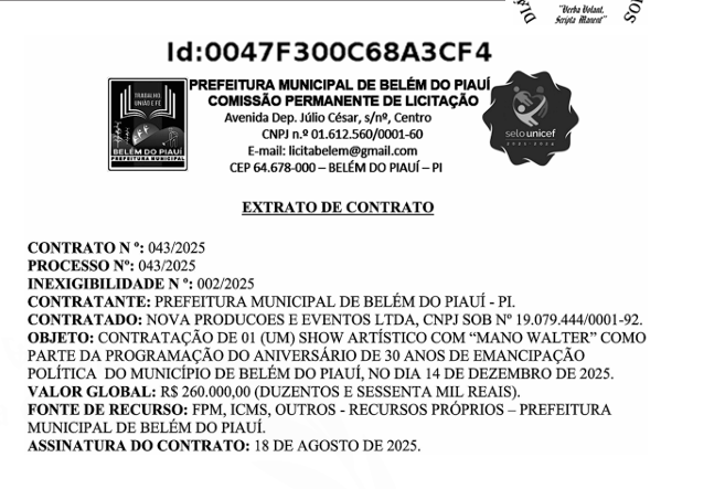 Extrato do contrato celebrado pela Prefeitura de Belém do Piauí