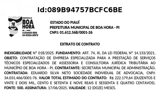 Extrato do contrato celebrado pela Prefeitura de Boa Hora