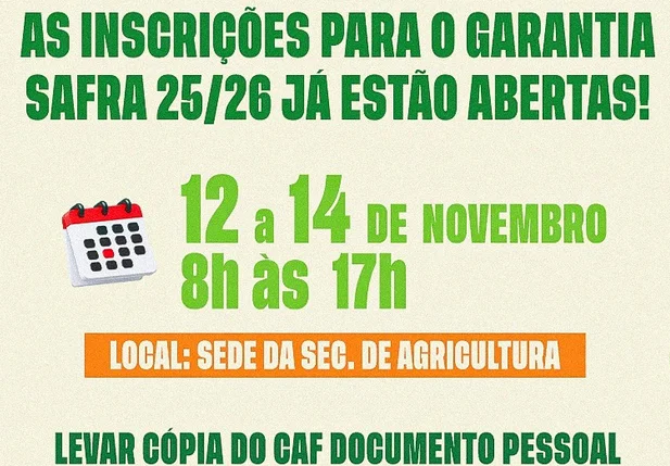 Prefeitura de São João do Arraial abre inscrições para Garantia-Safra 2025/2026