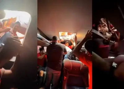 Torcedores do Flamengo sobem no teto e invadem ônibus durante o AeroFla