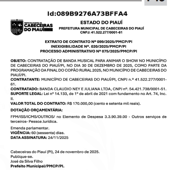 Contrato feito sem licitação pela prefeitura de Cabeceiras do Piauí com a BANDA CLAUDIO NEY E JULIANA LTDA.
