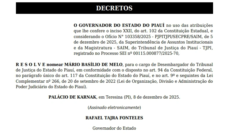 Decreto de nomeação de Mário Basílio
