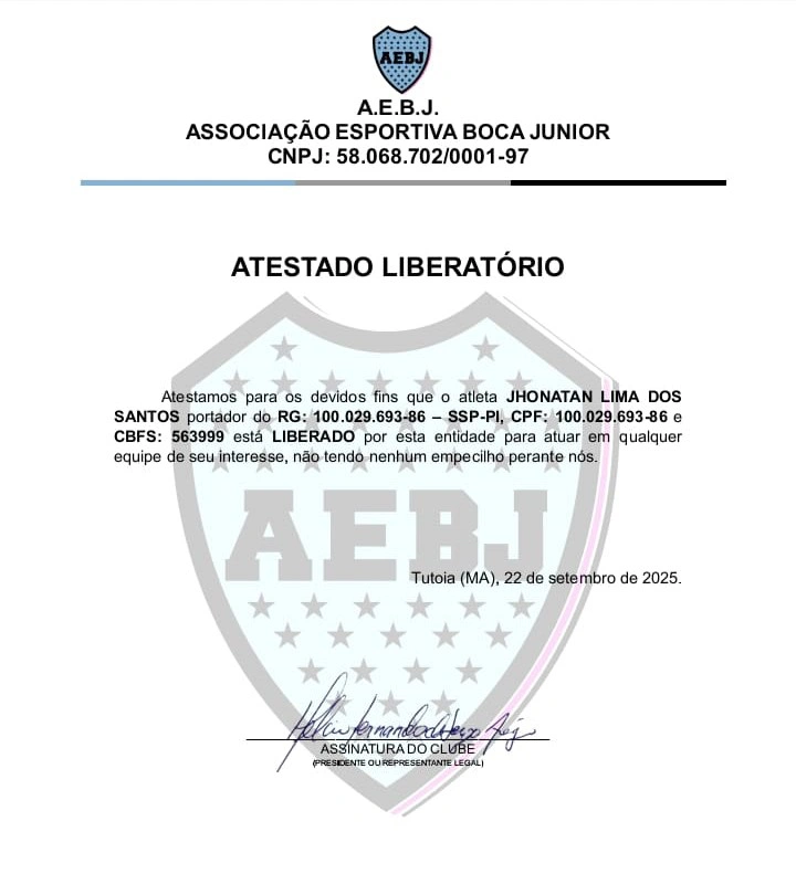 Documento divulgado pelo Parnahyba
