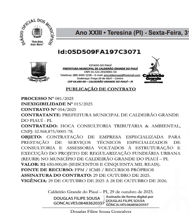 Extrato do contrato assinado pela Prefeitura de Caldeirão Grande do Piauí