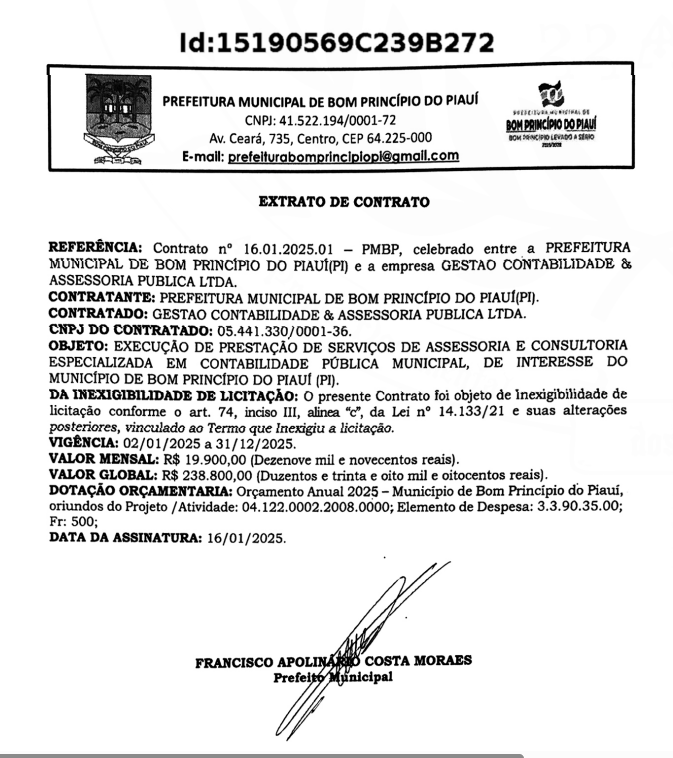 Extrato do contrato celebrado pela Prefeitura de Bom Princípio do Piauí