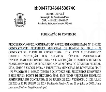 Extrato do contrato celebrado pela Prefeitura de Bonfim do Piauí