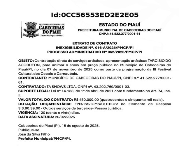 Extrato do contrato celebrado pela Prefeitura de Cabeceiras do Piauí