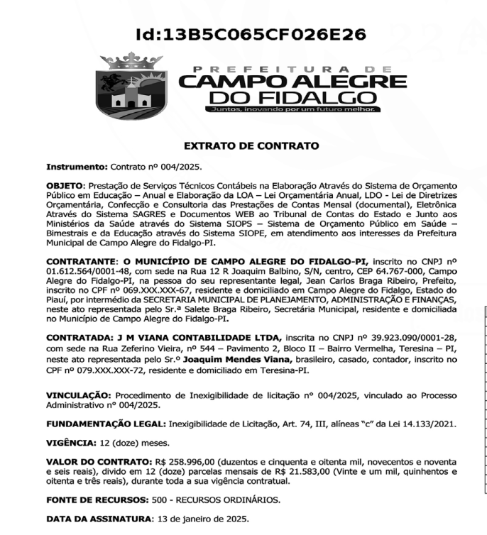 Extrato do contrato celebrado pela Prefeitura de Campo Alegre do Fidalgo
