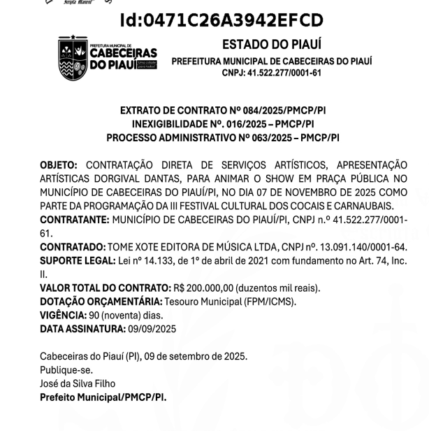 Extrato do contrato da Prefeitura de Cabeceiras do Piauí com a empresa TOME XOTE EDITORA DE MÚSICA LTDA.