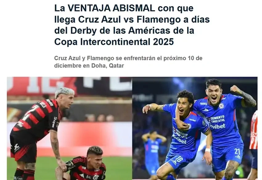 Matéria no site da "TV Azteca" analisando o duelo entre Cruz Azul e Flamengo