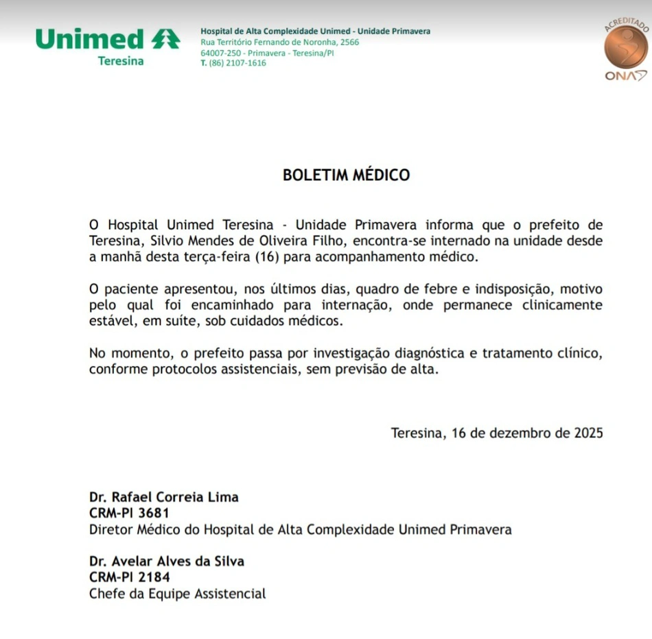 Nota divulgada pelo Unimed Primavera
