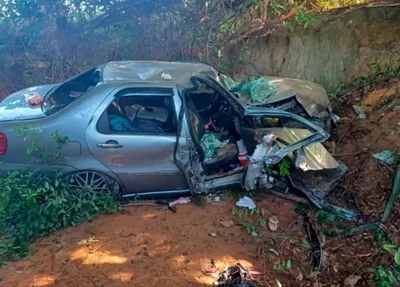 O carro capotou, saiu da pista e parou às margens da rodovia