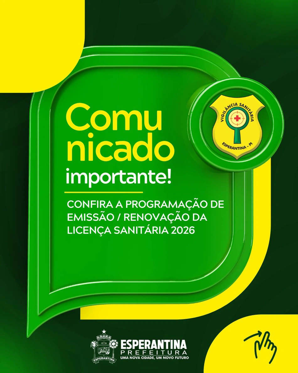 Prefeitura de Esperantina divulga cronograma de emissão e renovação da Licença Sanitária 2026