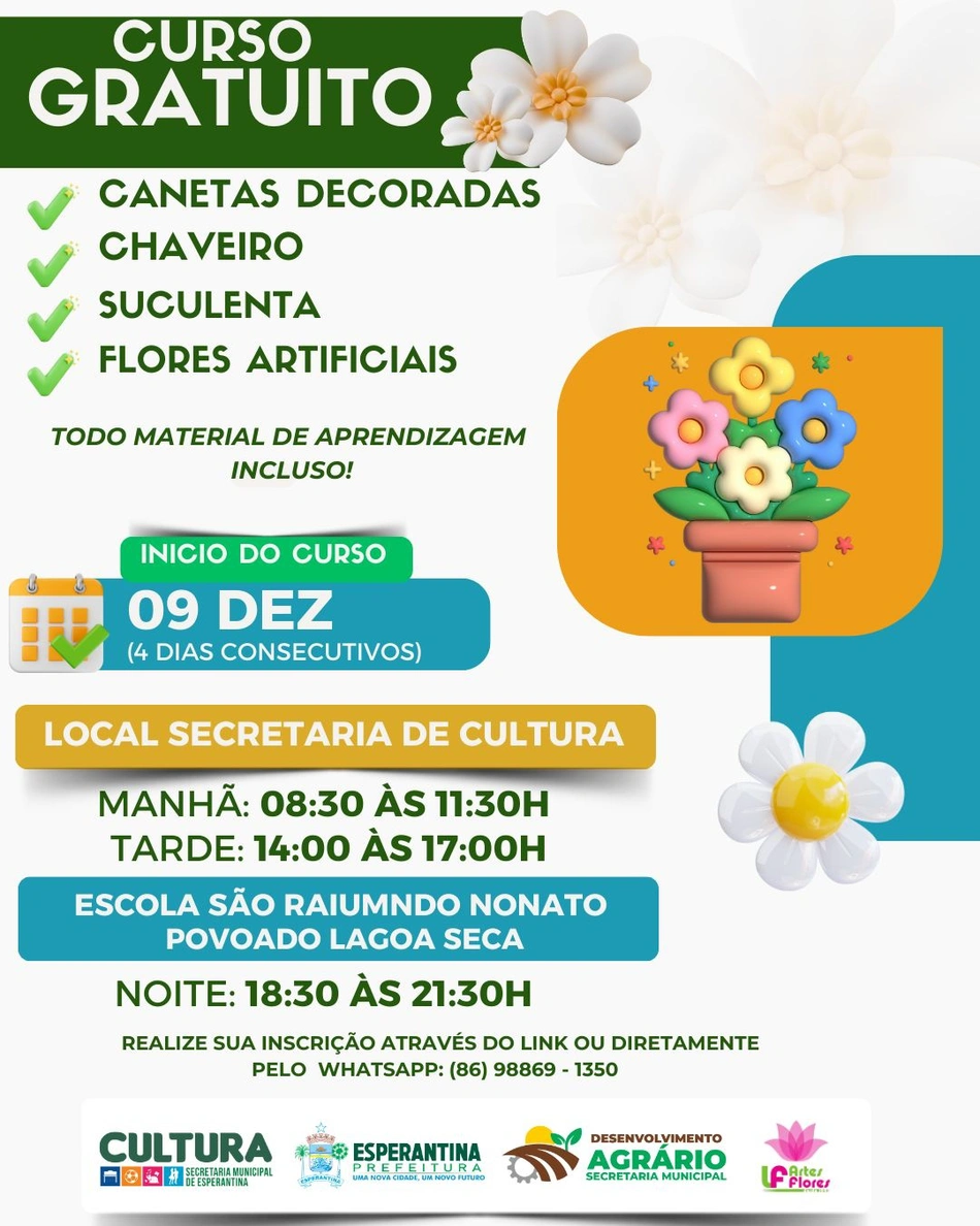 Prefeitura de Esperantina oferece curso gratuito de artesanato com material incluso
