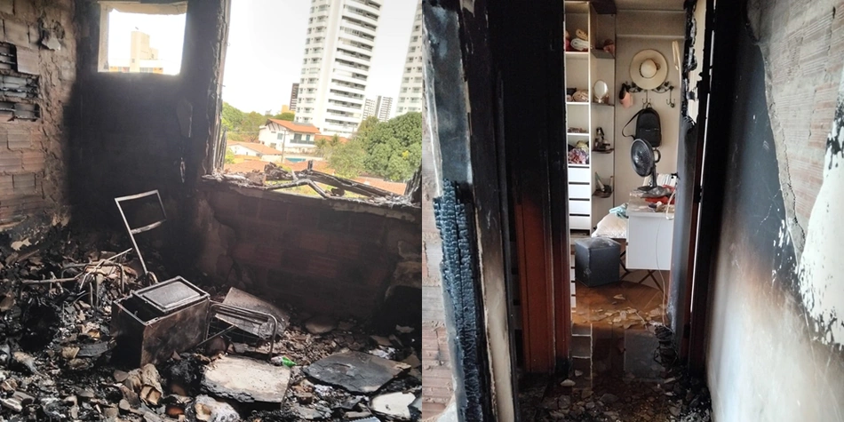 Quarto do apartamento destruído pelo incêndio
