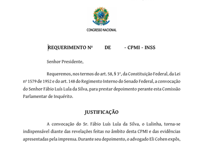 Requerimento de convocação do senhor Fábio Luís Lula Da Silva (O Lulinha)