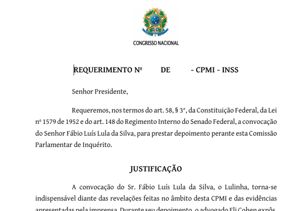 Requerimento de convocação do senhor Fábio Luís Lula Da Silva (O Lulinha)