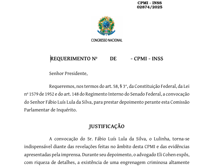Requerimento de convocação do senhor Fábio Luís Lula Da Silva (O Lulinha)