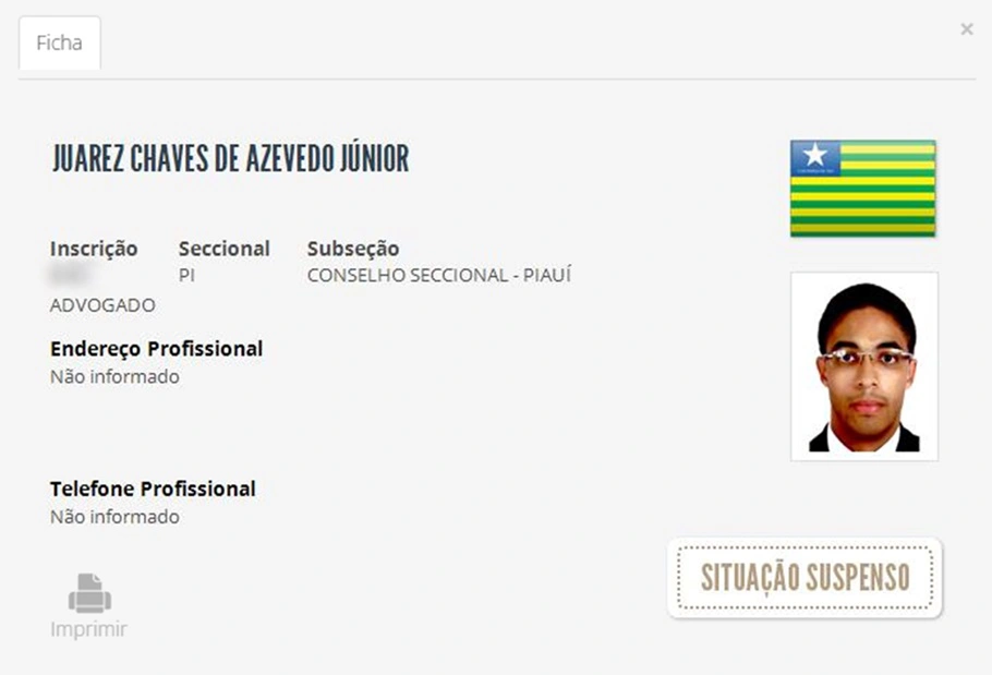 Suspensão da inscrição do advogado Juarez Chaves da OAB Piauí