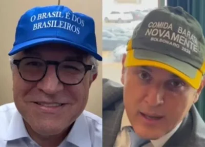 Bonés azuis usados por ministros de Lula e bonés em verde e amarelo usados por apoiadores de Bolsonaro