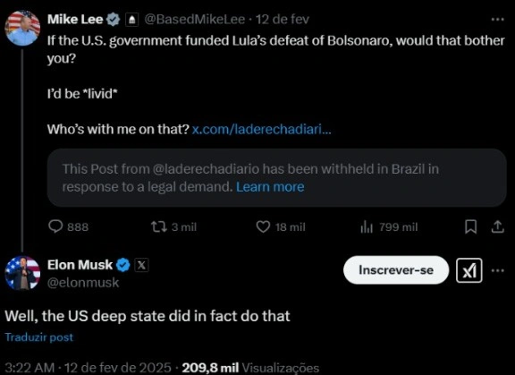 Elon Musk diz que governo Biden financiou eleição de Lula contra Bolsonaro