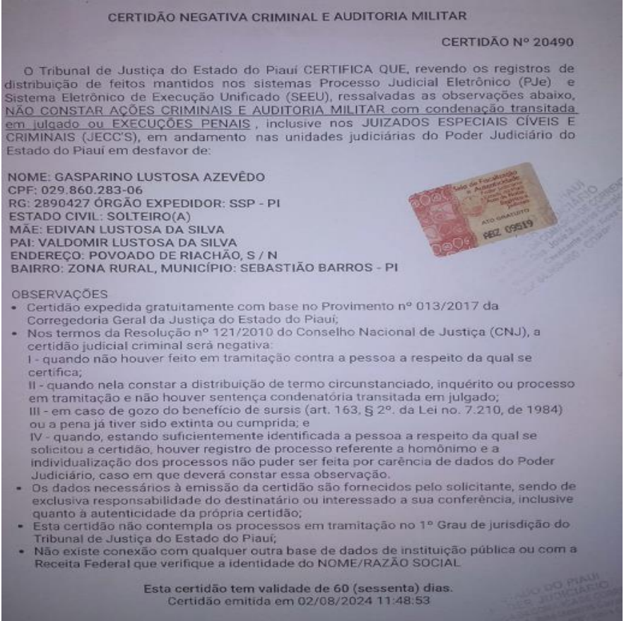 Certidão negativa emitida erroneamente pelo Tribunal de Justiça do Piauí