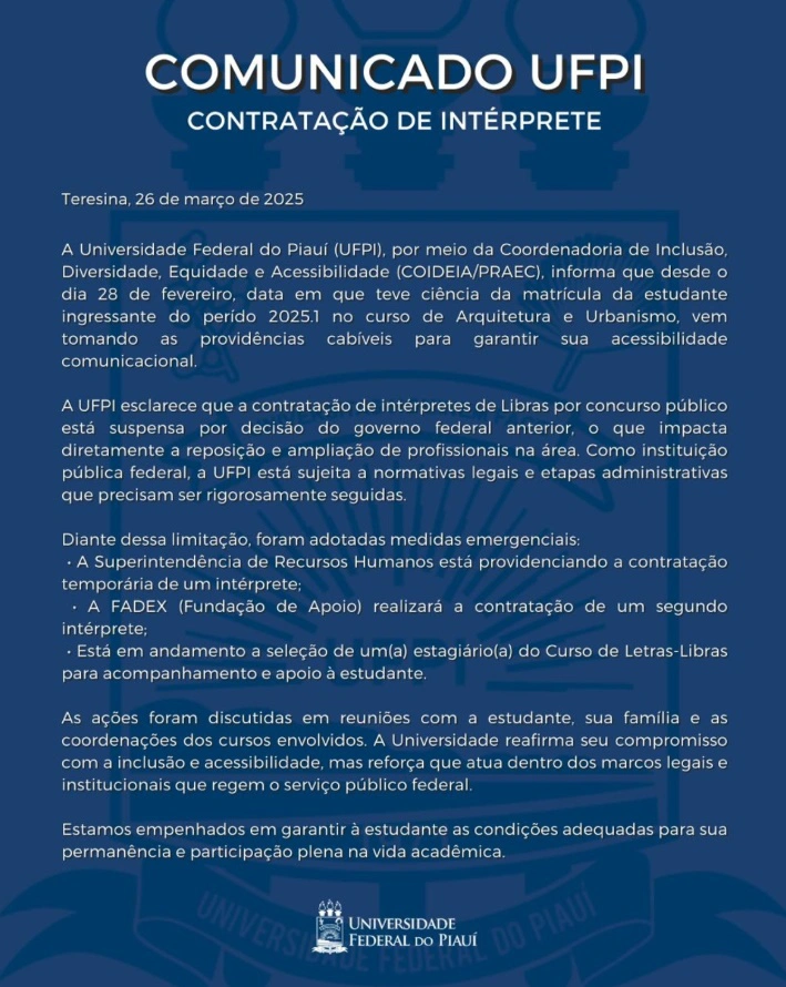 Comunicado da UFPI sobre a falta de intérprete de libras