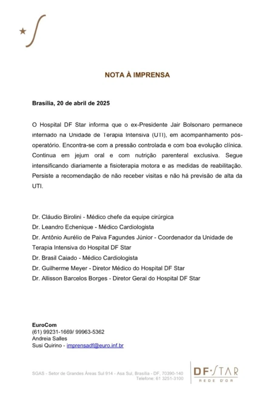 Boletim médico sobre a situação do ex-presidente Jair Bolsonaro