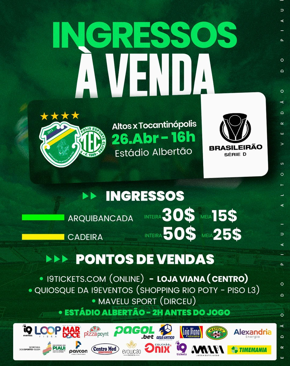 Confira os preços e locais de vendas dos ingressos do jogo entre Altos e Tocantinópolis